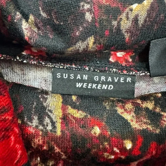 Susan Graver weekend top large red floral abstract cowl neck whimsigoth romantic - Picture 3 of 8